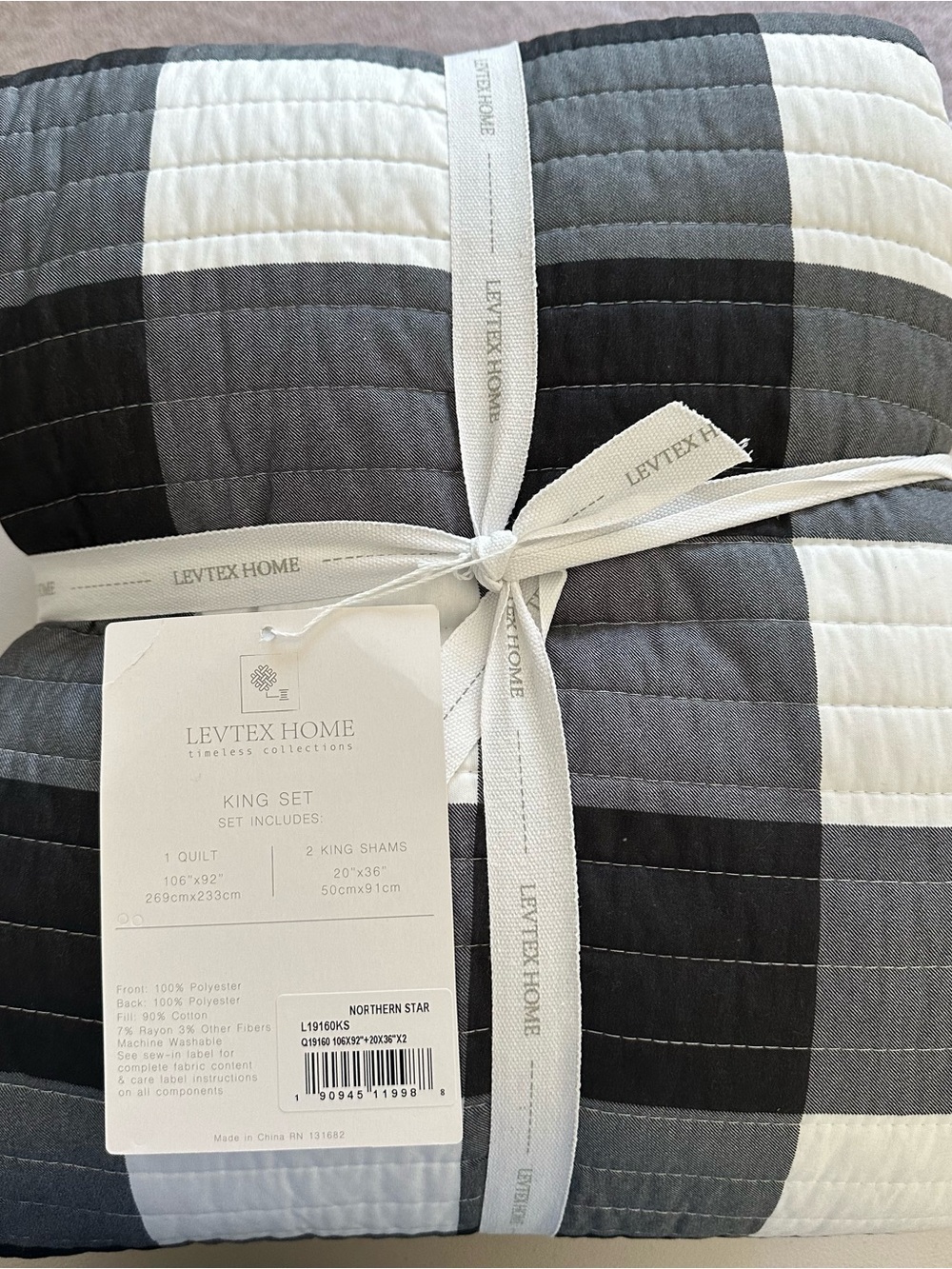 Levtex Gray and White Reversible Plaid and Winter Print Quilt Set